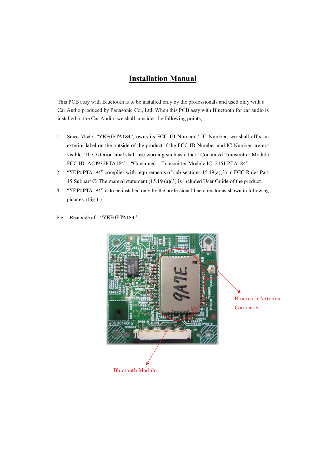 Panasonic 932PTA184 User Manual