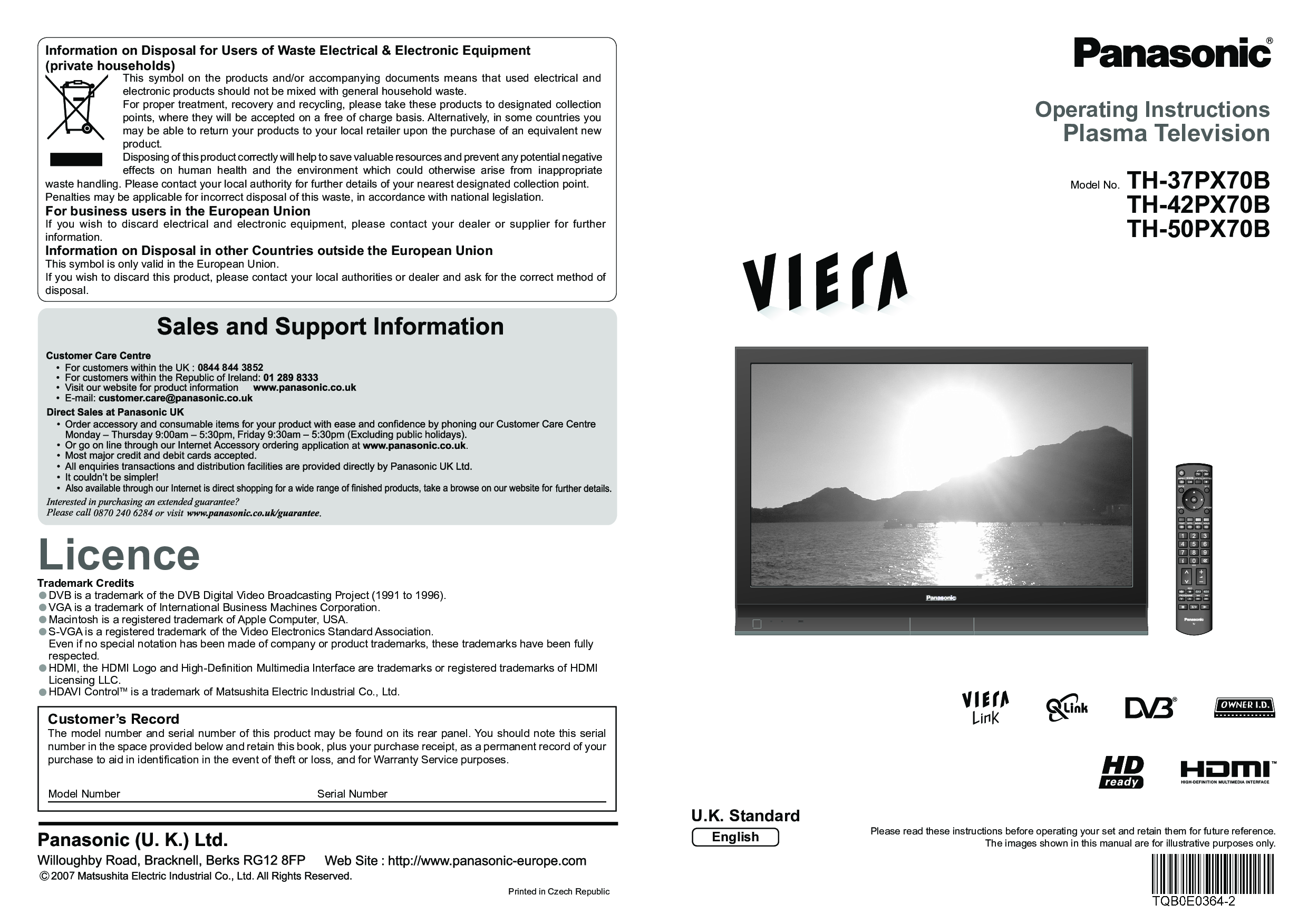 Panasonic TH-42PX70B, TH-37PX70B, TH-50PX70B User Manual