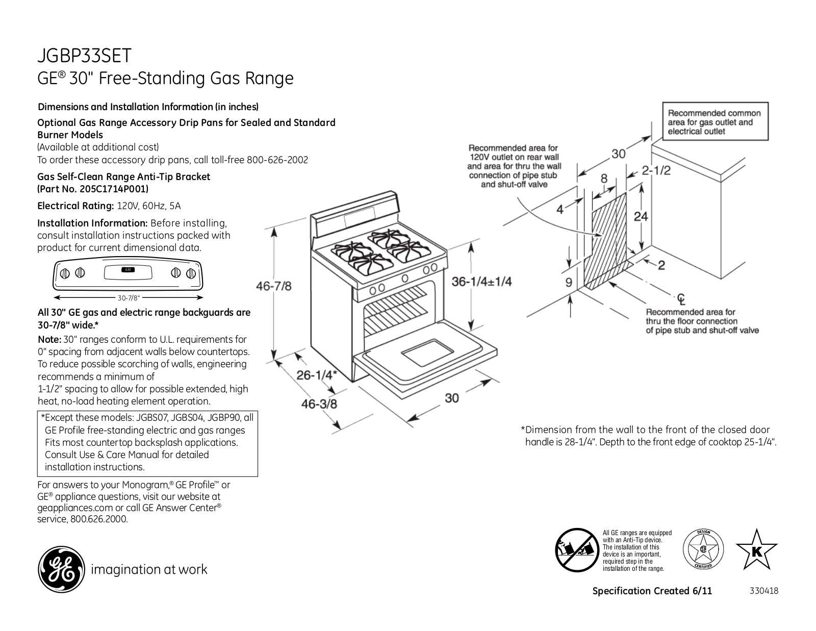 GE JGBP33SET Specification