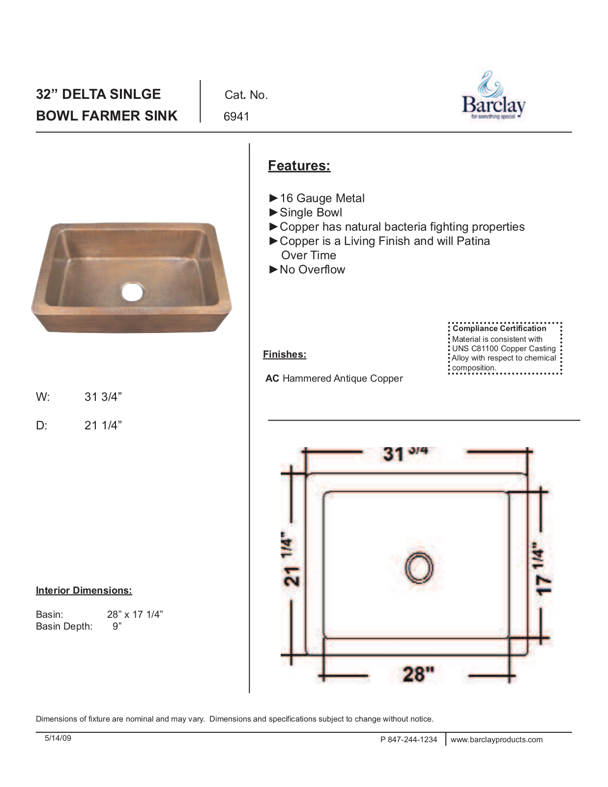 Barclay 6941AC Specifications