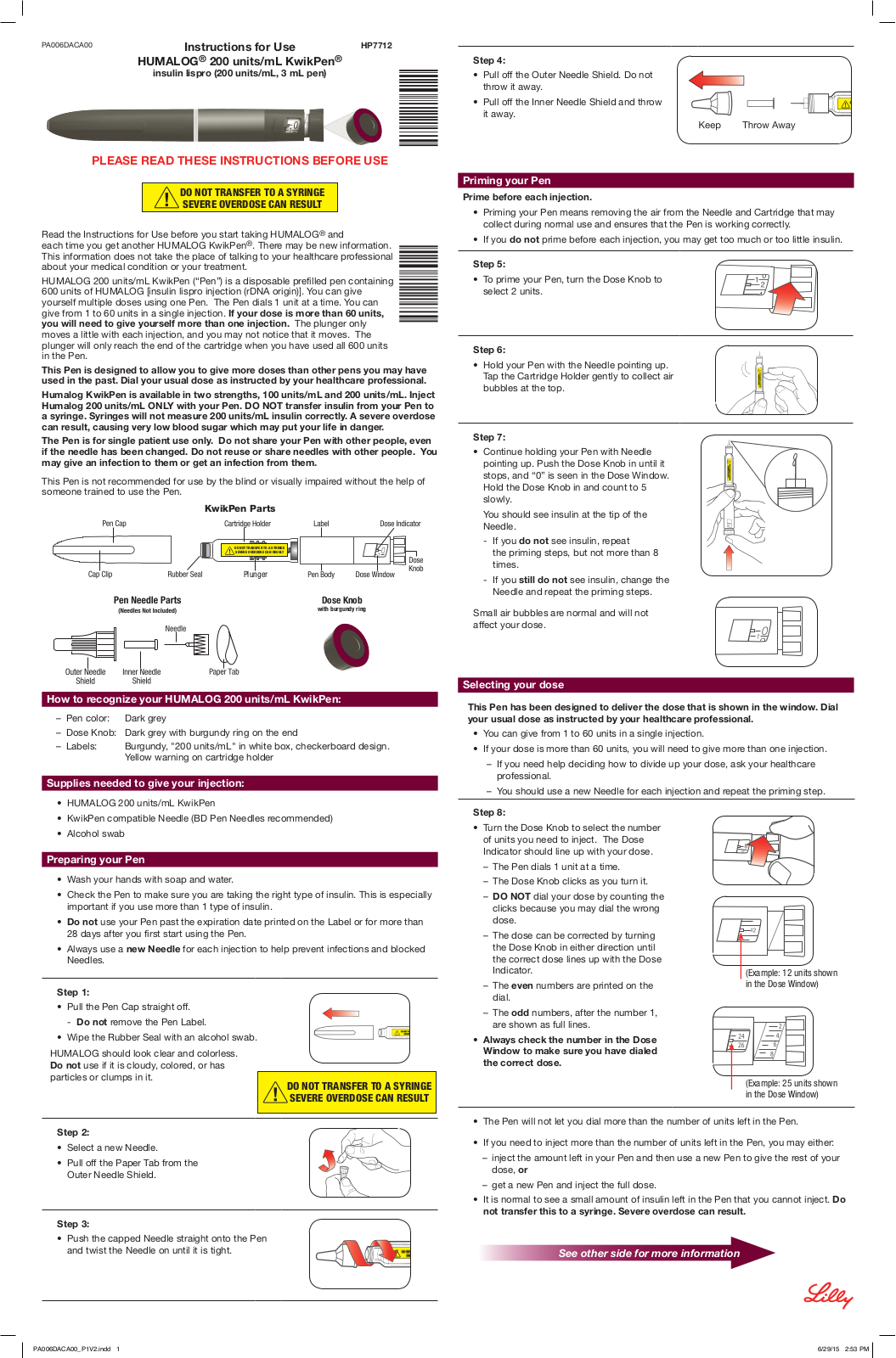 Humalog u200 KwikPen Instructions For Use Manual