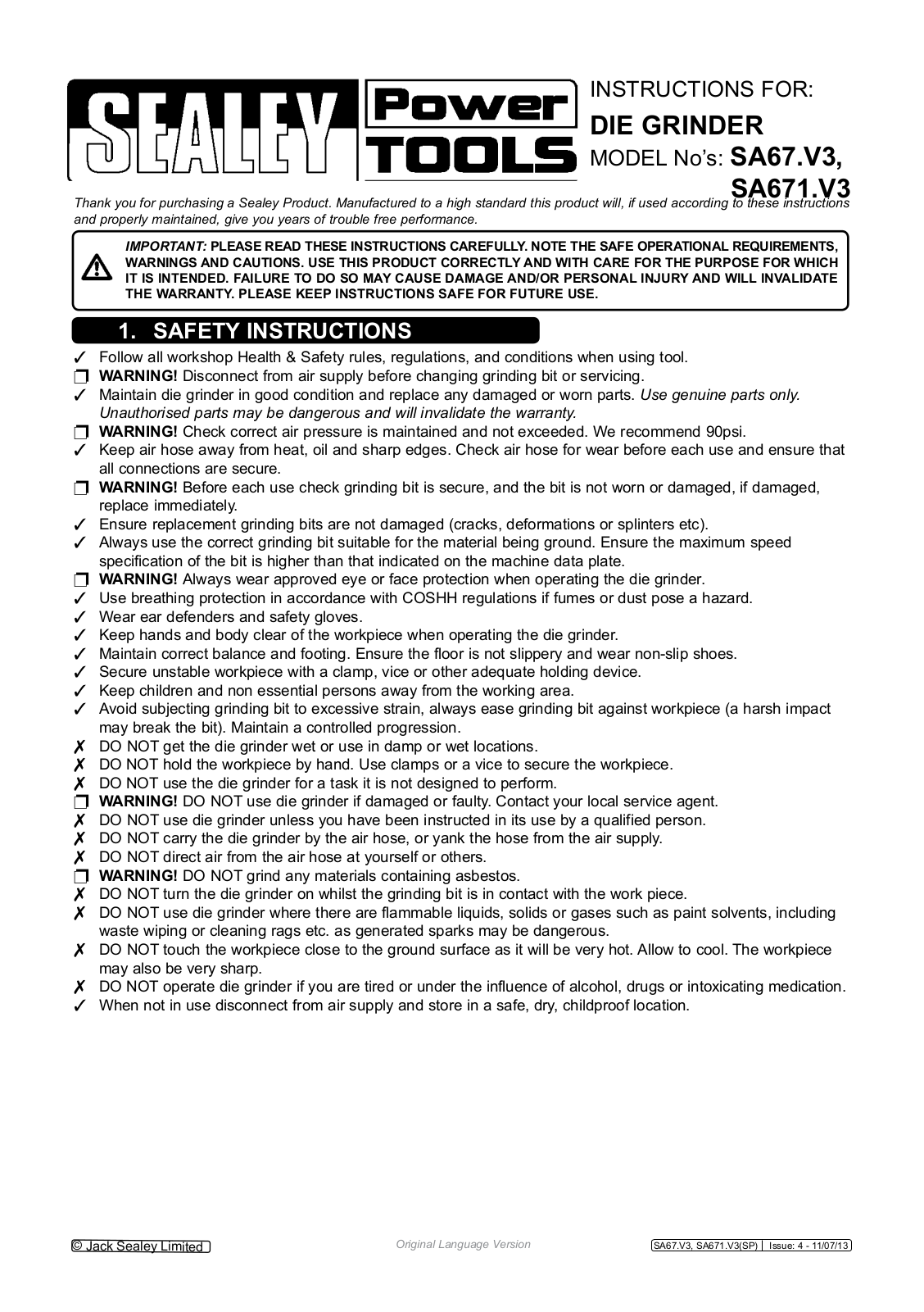 Sealey sa67.v3,Sa671.v3,GSA67,GSA671 Instructions Manual