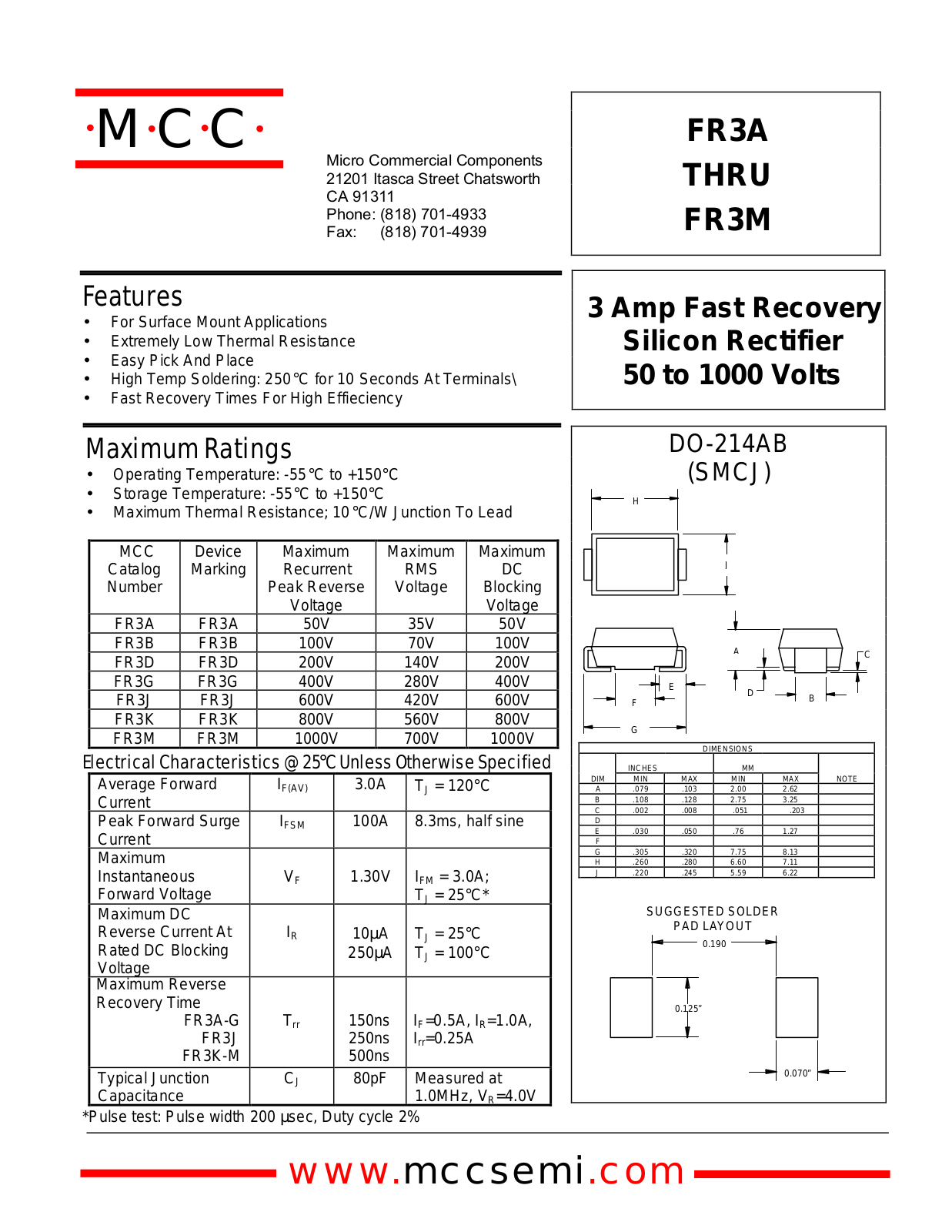 MCC FR3A, FR3G, FR3B, FR3D, FR3K Datasheet