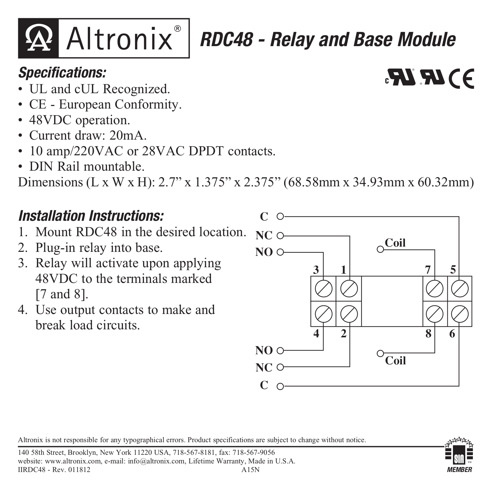 Altronix RDC48 Installation Manual