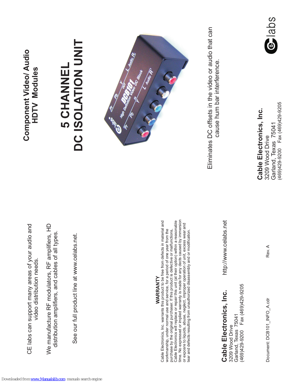 CE Labs DCB101 Specification Sheet