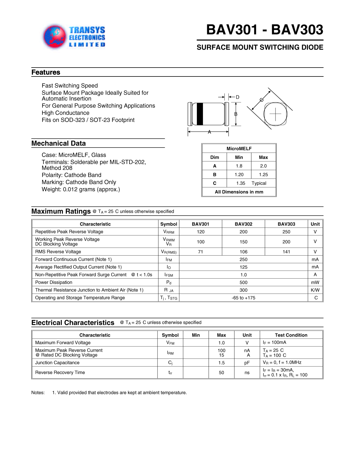 TEL BAV303, BAV302, BAV302, BAV301, BAV301 Datasheet