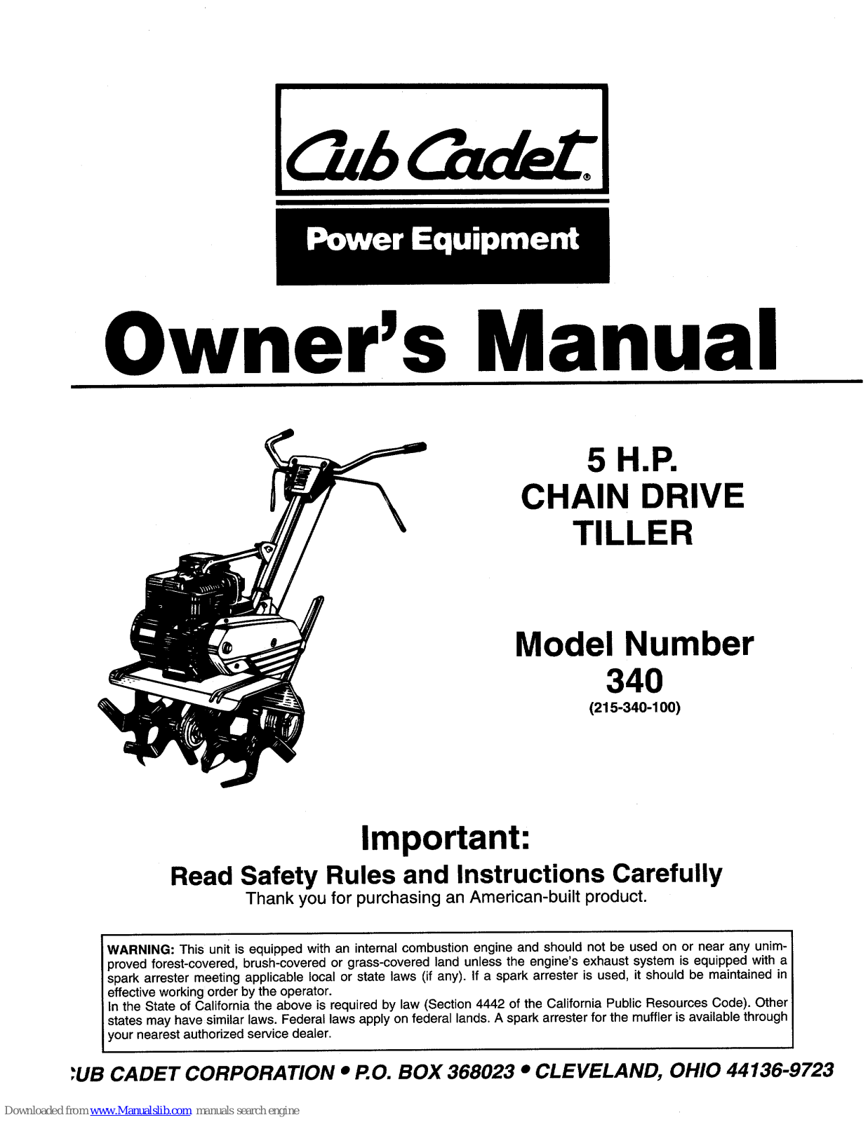 Cub Cadet 215-340-100 Owner's Manual