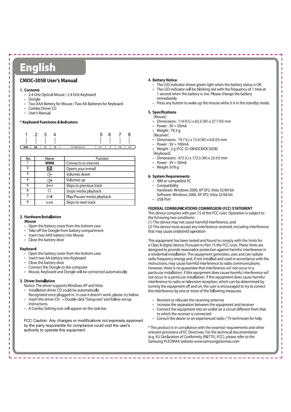 Chicony Electronics Co KMOC305B, MOC315B, DCMOC305B User Manual