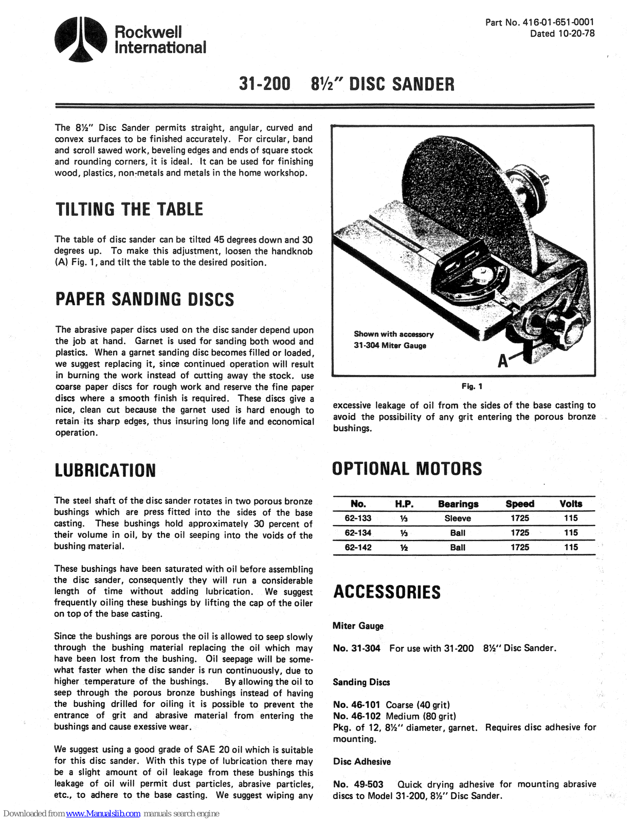 Delta Rockwell International 31-200, Rockwell International 416-01-851-0001 Replacement Parts Manual