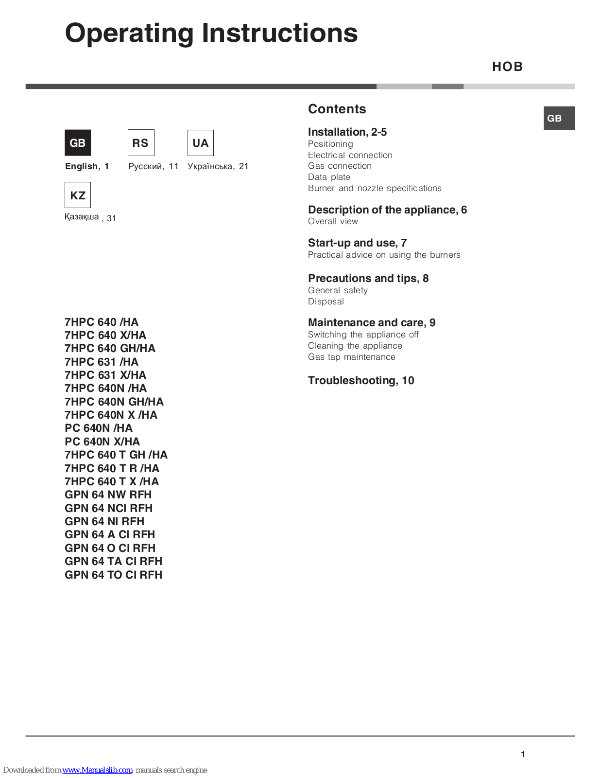 Hotpoint Ariston 7HPC 640 /HA, 7HPC 640 X/HA, 7HPC 640 GH/HA, 7HPC 631 /HA, 7HPC 631 X/HA Operating Instructions Manual