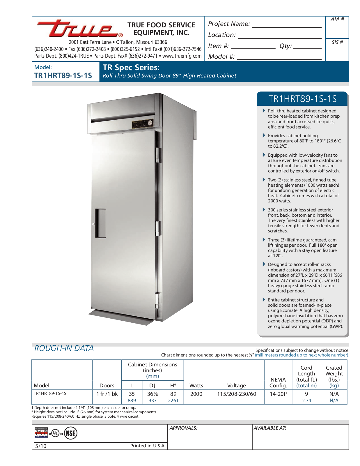 True TR1HRT89-1S-1S User Manual