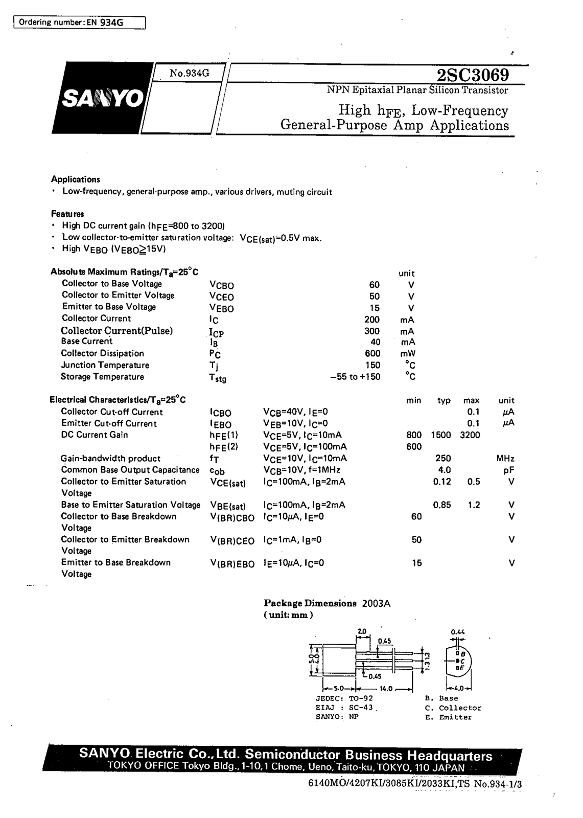 SANYO 2SC3069 Datasheet