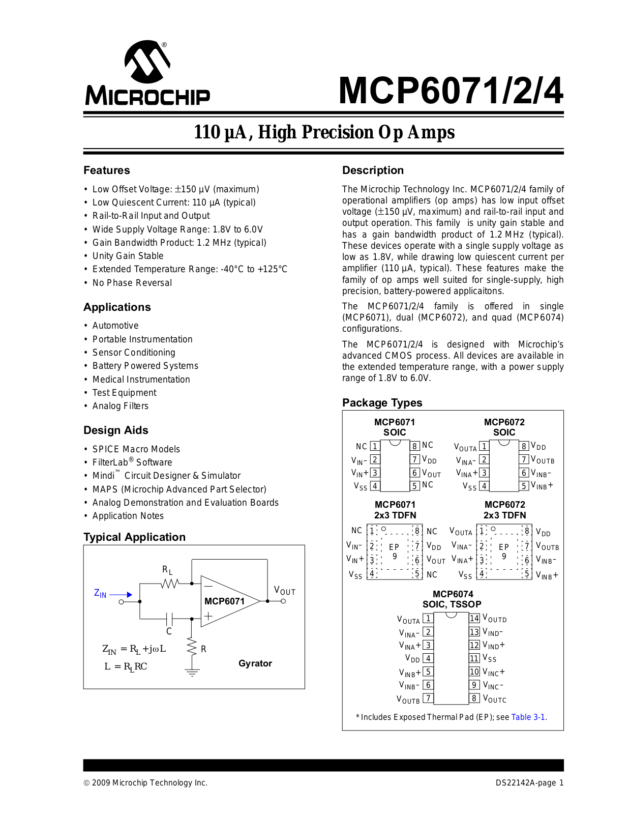 MICROCHIP MCP6071, MCP6072, MCP6074 Technical data