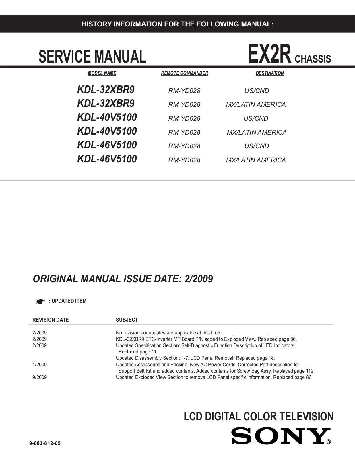 Sony KDL-32XBR9, KDL-40V5100, KDL-46V5100 schematic
