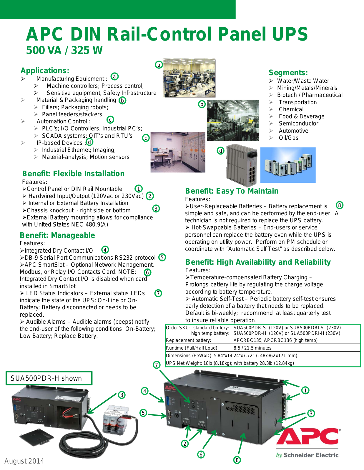 Schneider Electric APC DIN Rail-Control Panel UPS Specifications