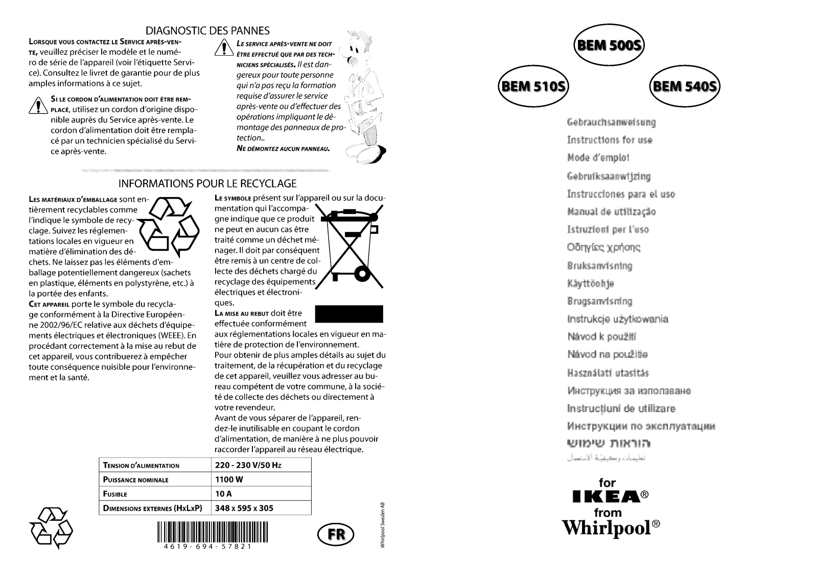 Whirlpool BEM 510S, BEM 500S, BEM 540S User Manual