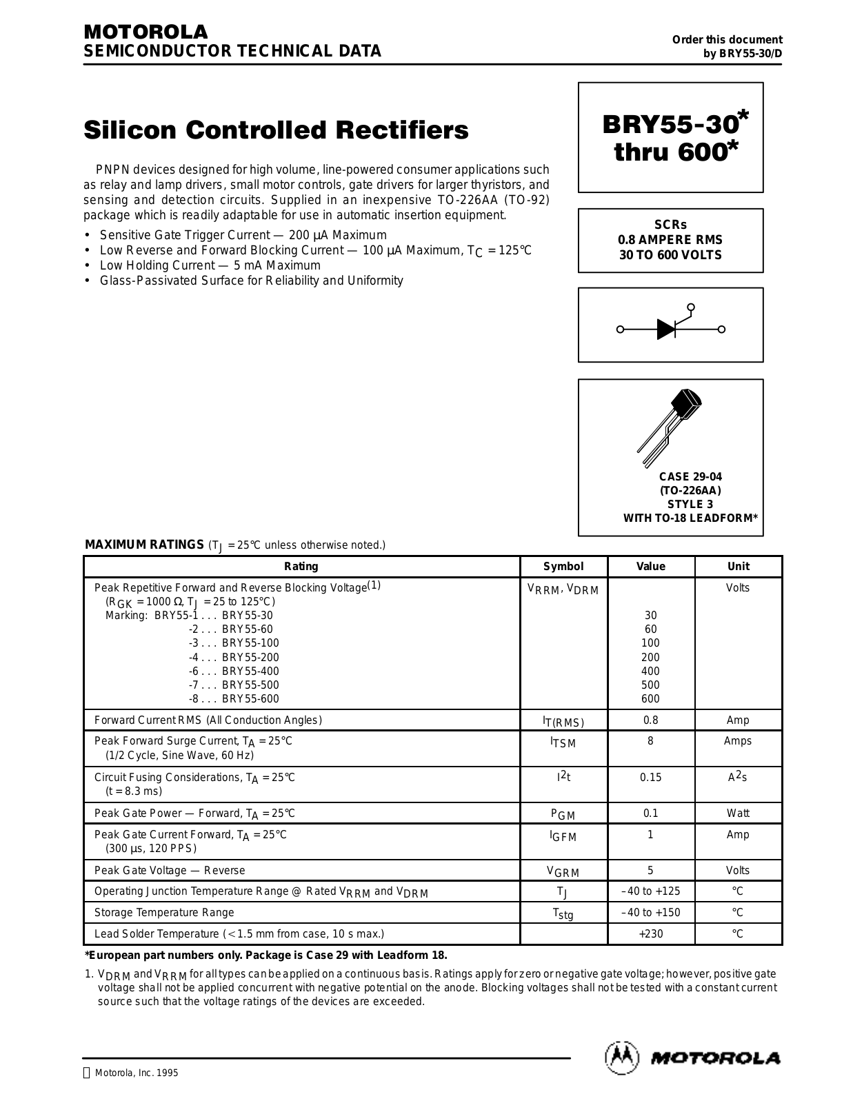 Motorola BRY55-600, BRY55-60, BRY55-500, BRY55-400, BRY55-30 Datasheet