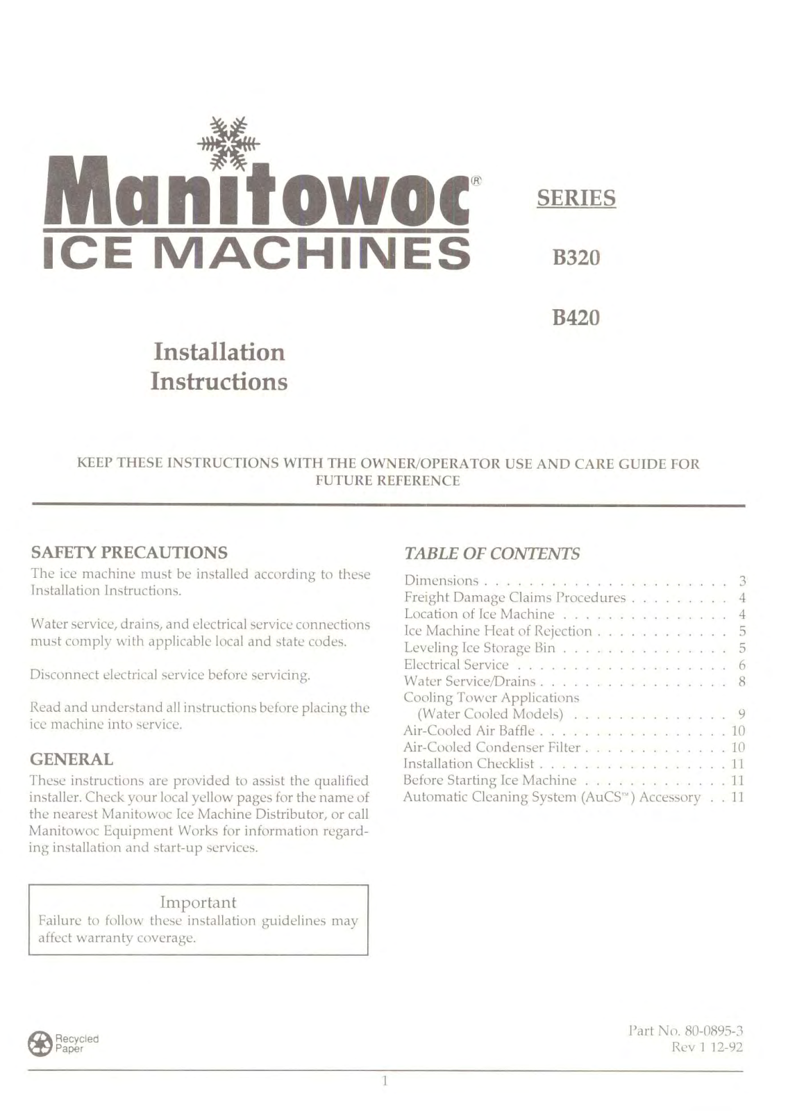 Manitowoc Ice BR0320A Owner’s Manual