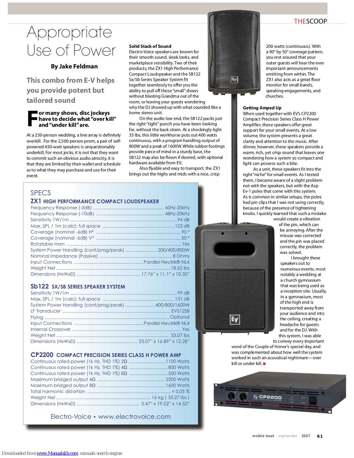 Electro-Voice Compact Precision CP2200, ZX Series ZX1, SB Series SB122, ZX1, Sb122 Specifications