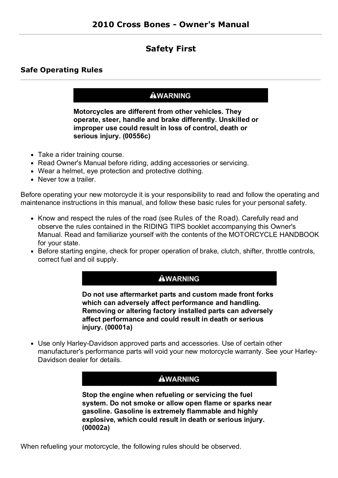 Harley Davidson Cross Bones 2010 Owner's manual