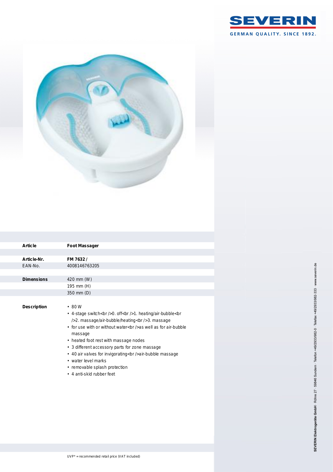 Severin FM 7632, FOOT MASSAGER User Manual