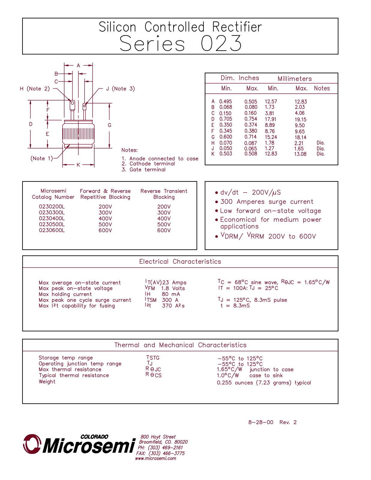 Microsemi Corporation 0230600L, 0230500L, 0230400L, 0230300L, 0230200L Datasheet