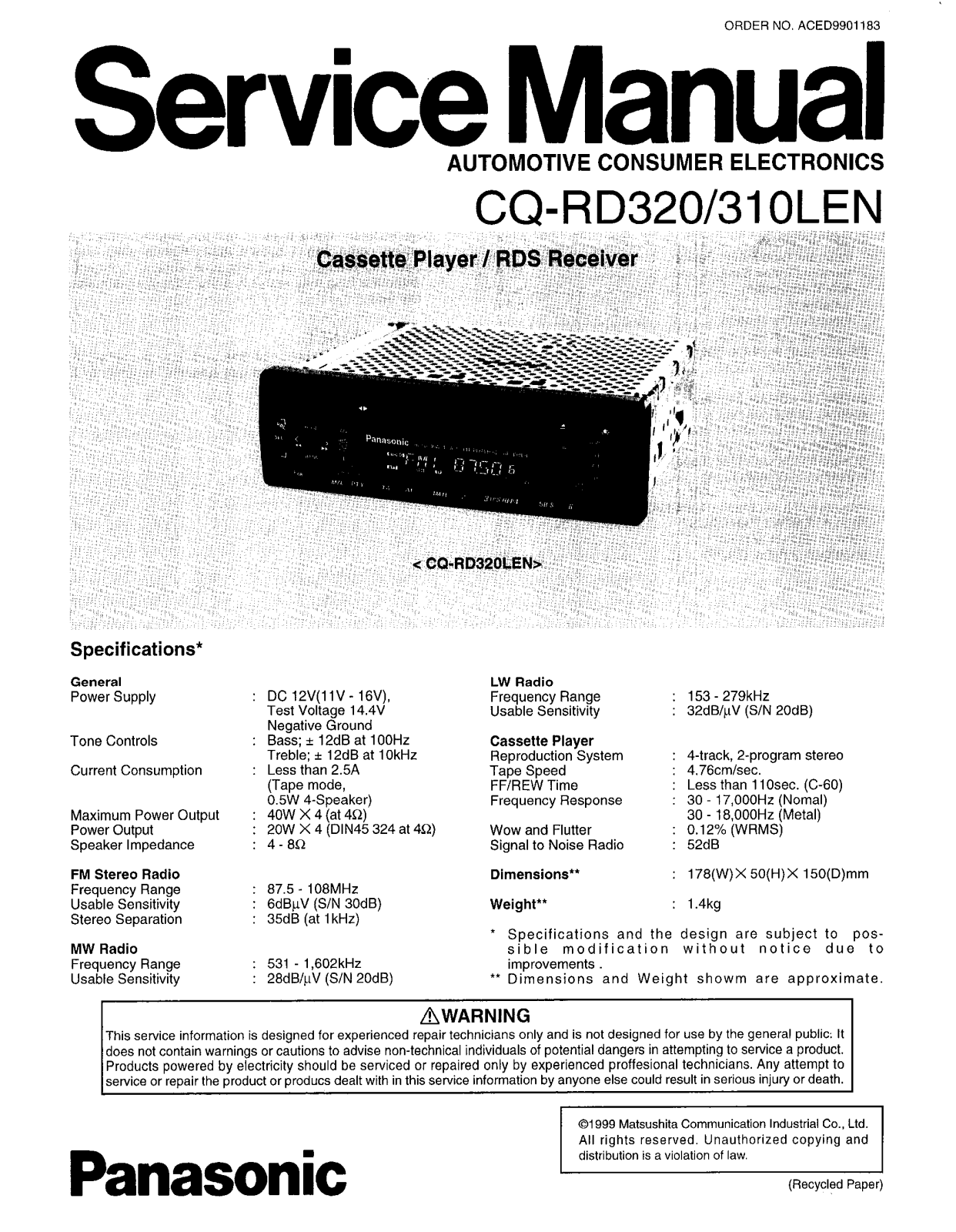 Panasonic CQRD-310-LEN, CQRD-320-LEN Service manual
