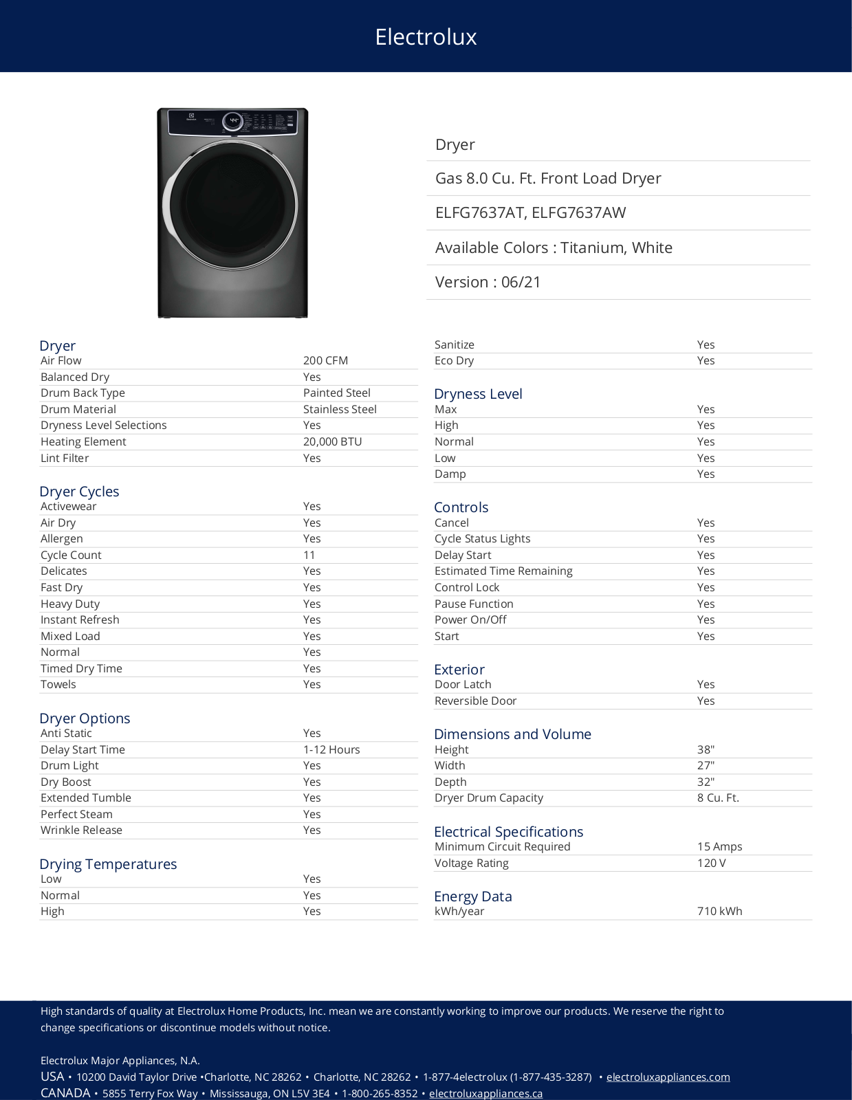 Electrolux ELFG7637AT, ELFG7637AW Specification Sheet