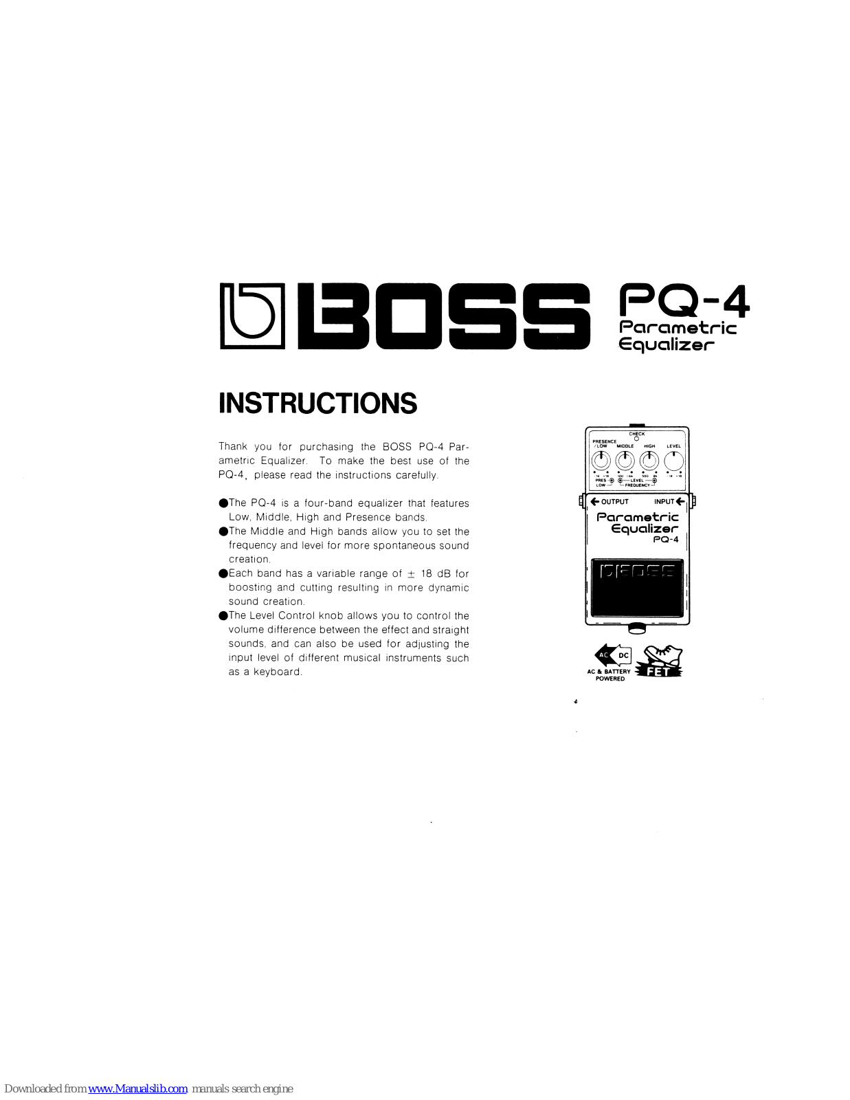 Boss Parametric Equalizer PQ-4 Instructions Manual