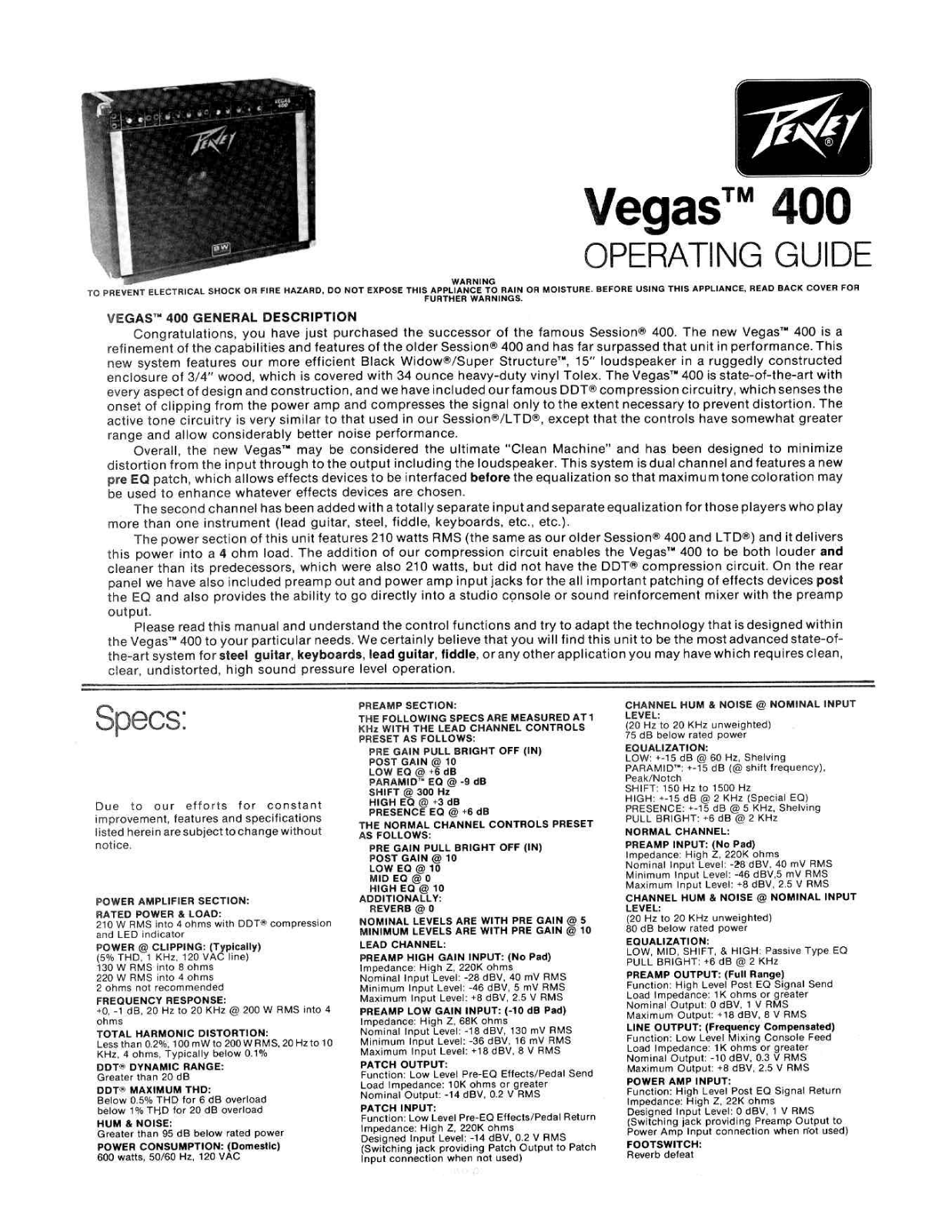 Peavey VEGAS 400 Operating guide