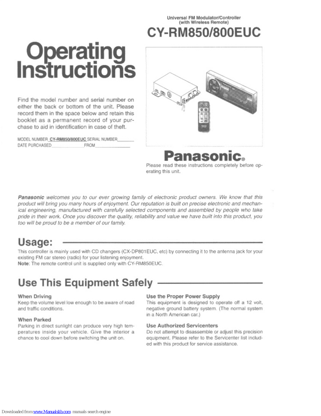 Panasonic CY-RM800, CY-RM800EUC, CY-RM850EUC Operating Manual