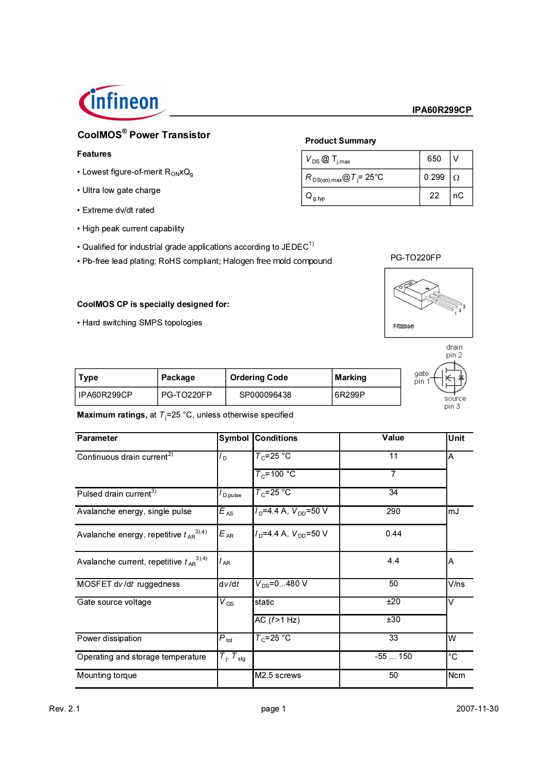 Datasheet ipa60r299cp_rev2.1 Datasheet - ManualMachine.com