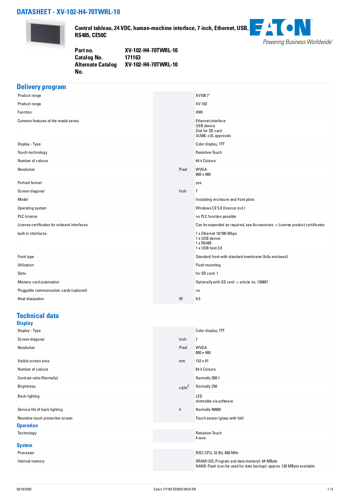 Cutler Hammer, Div of Eaton Corp XV-102-H4-70TWRL-10 Data Sheet