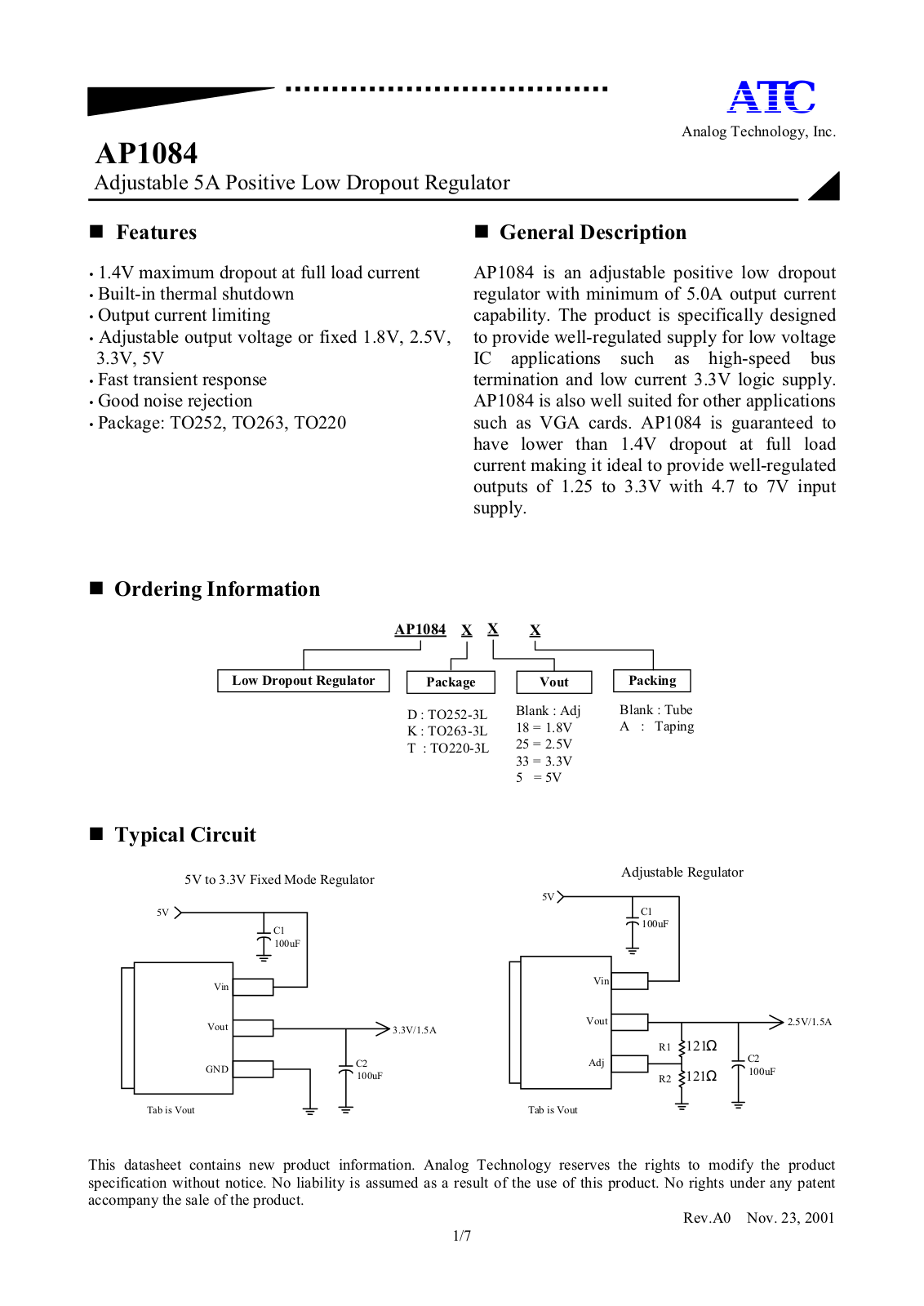 ATC AP1084TA, AP1084T5A, AP1084D5, AP1084D33A, AP1084D33 Datasheet