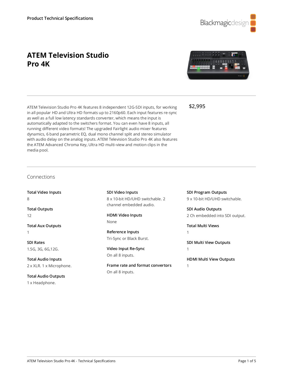 Blackmagic Design ATEM Television Studio Pro 4K, AW-UE150, AW-RP60GJ Specifications