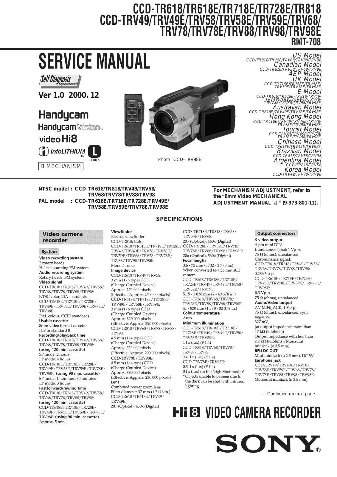 Sony CCD-TR618, CCD-TR618E, CCD-TR718E, CCD-TR728E, CCD-TR818 Service Manual