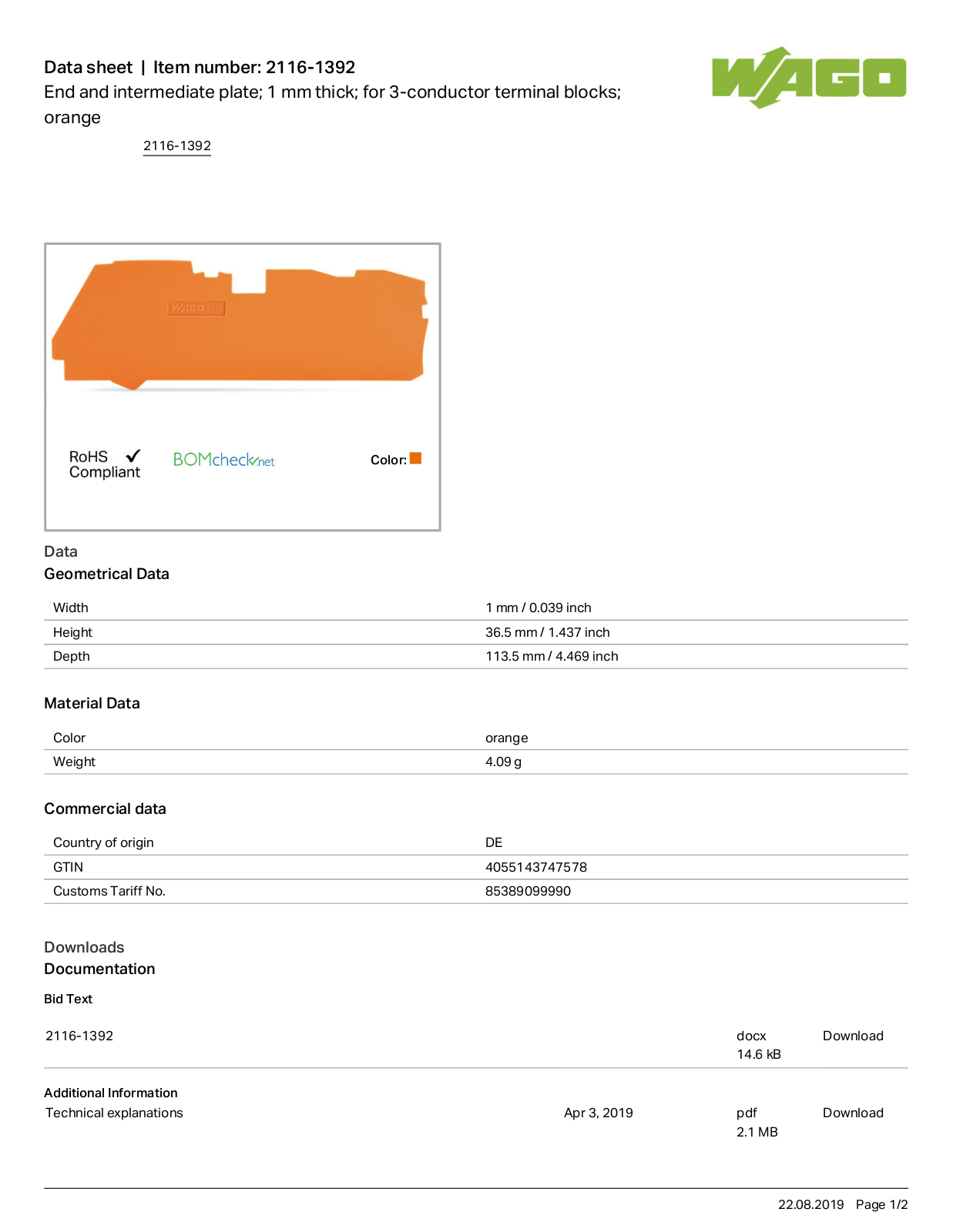 Wago 2116-1392 Data Sheet