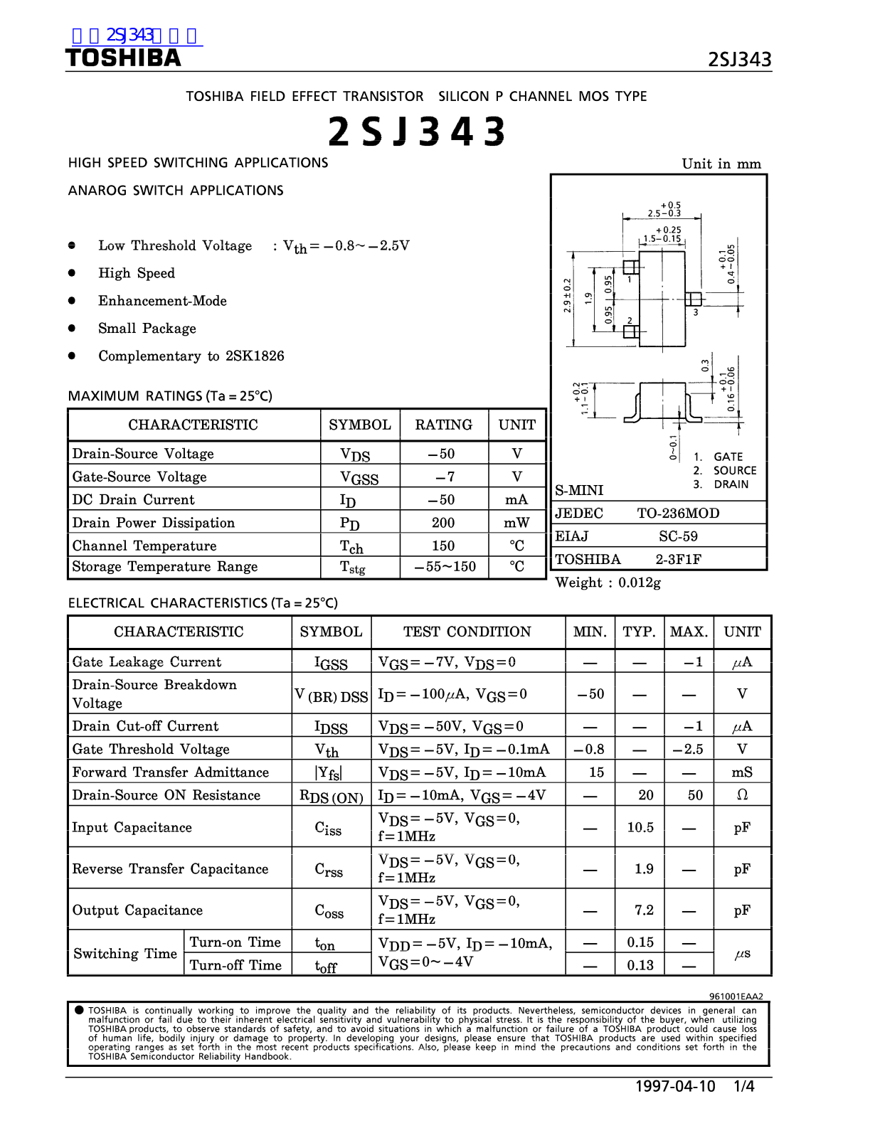 TOSHIBA 2SJ343 Technical data