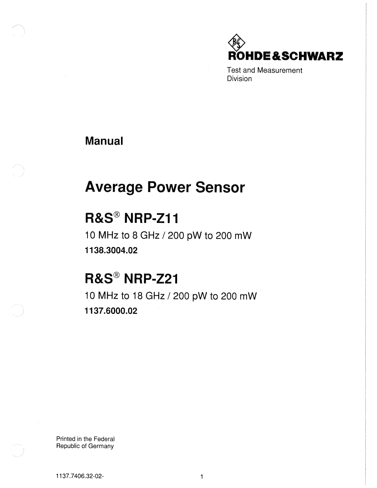 Rohde & Schwarz NRP-Z11, NRP-Z21 User Manual