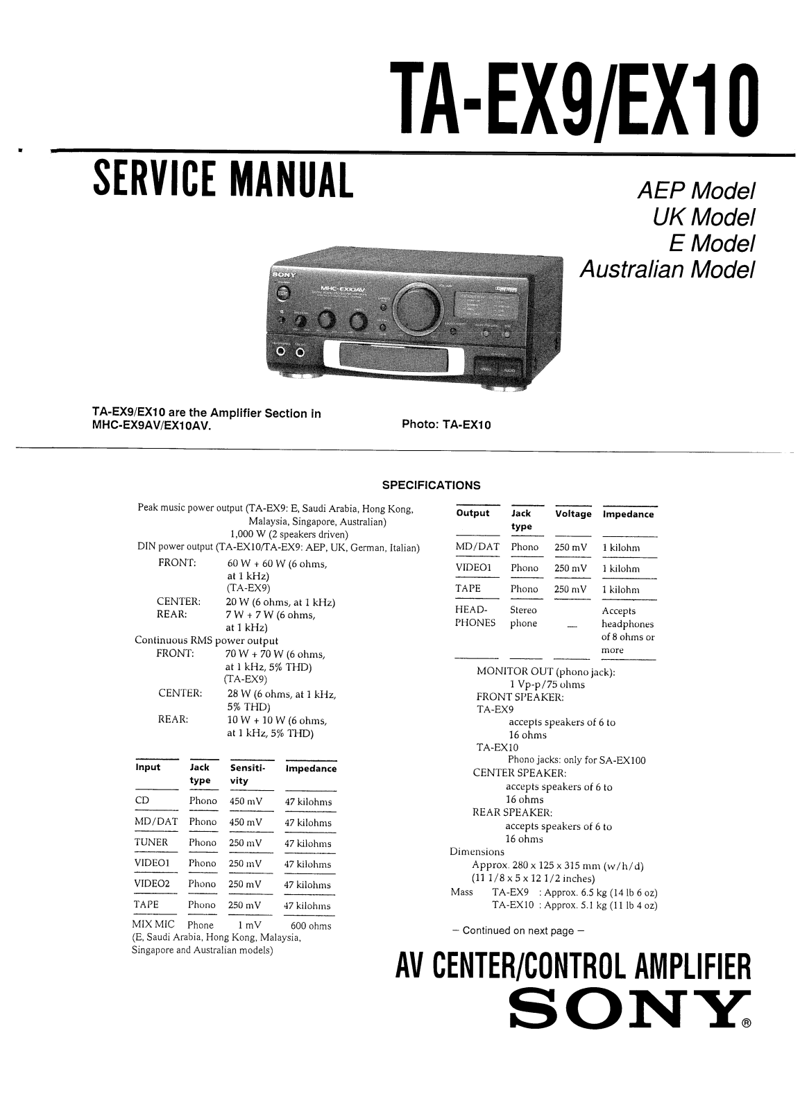 Sony TAEX-10, TAEX-9 Service manual