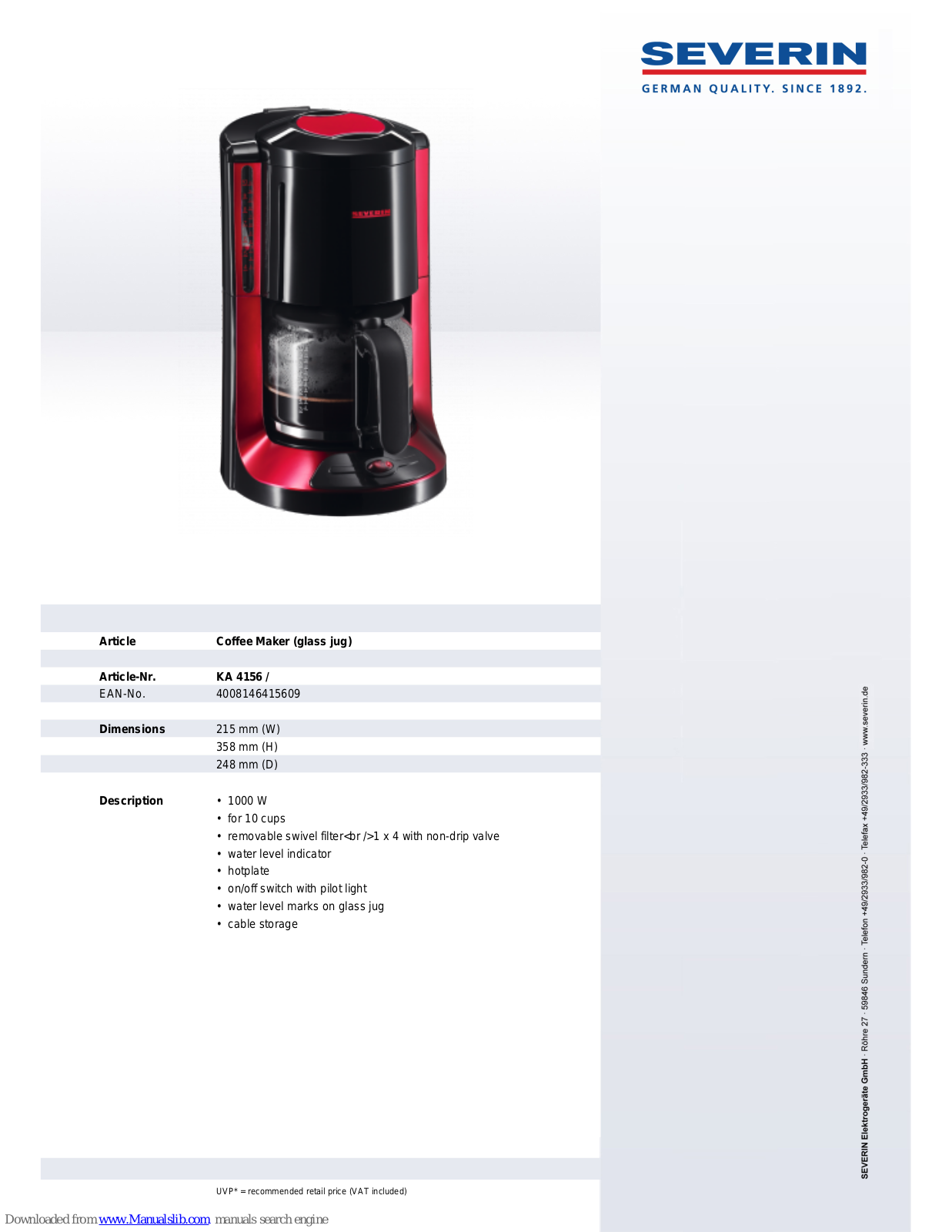 SEVERIN KAFFEEAUTOMAT KA 4156, KA 4156 Dimensions