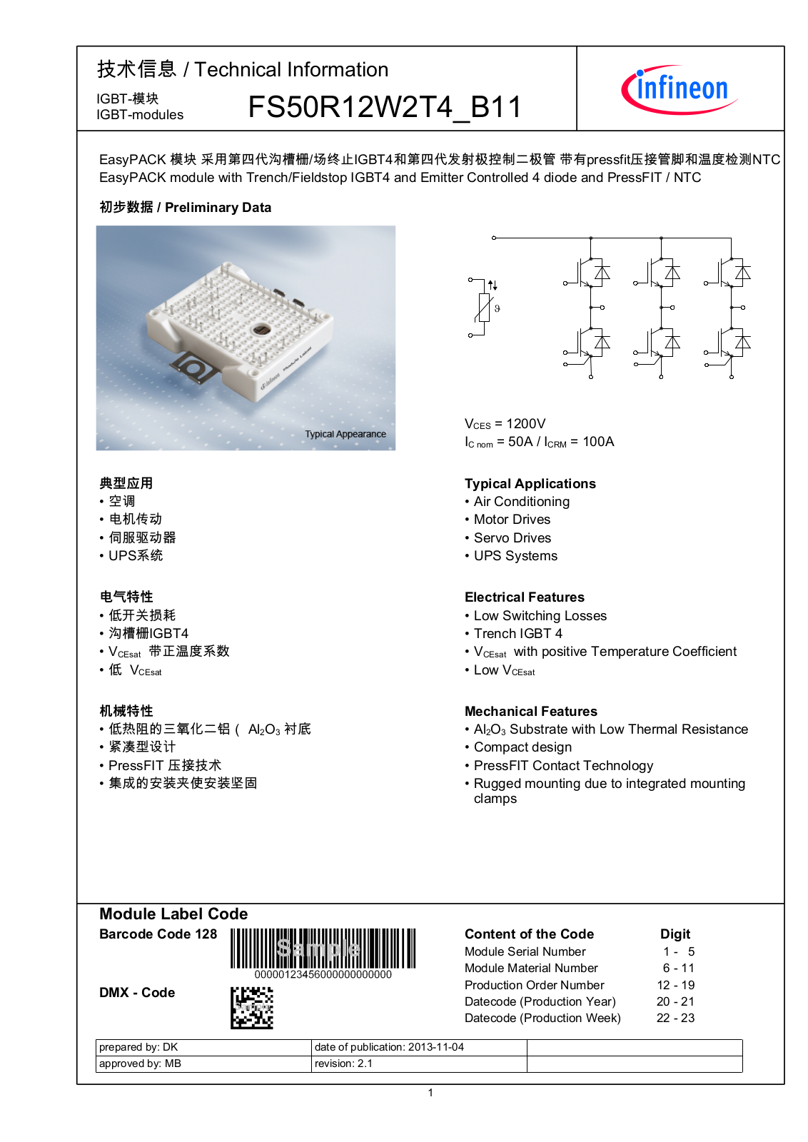 Infineon FS50R12W2T4-B11 Data Sheet