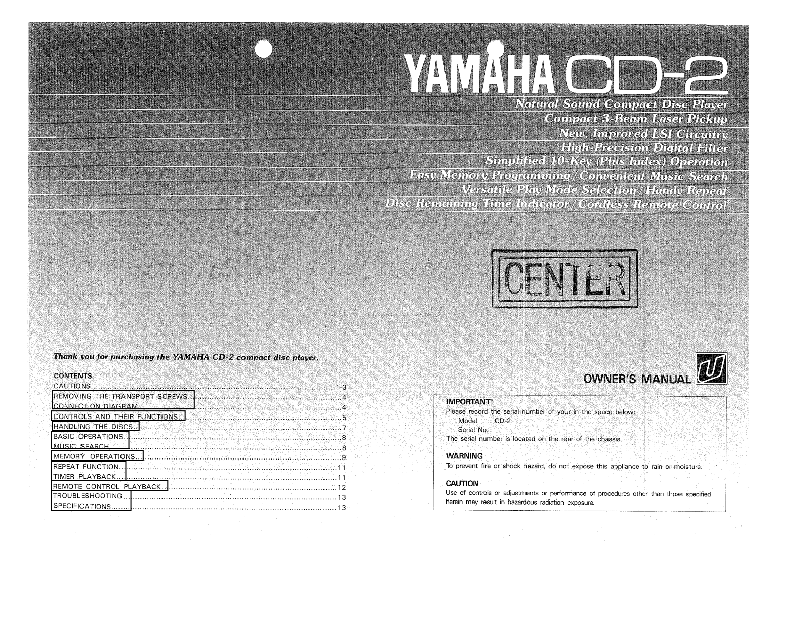 Yamaha CD-2 Owner Manual