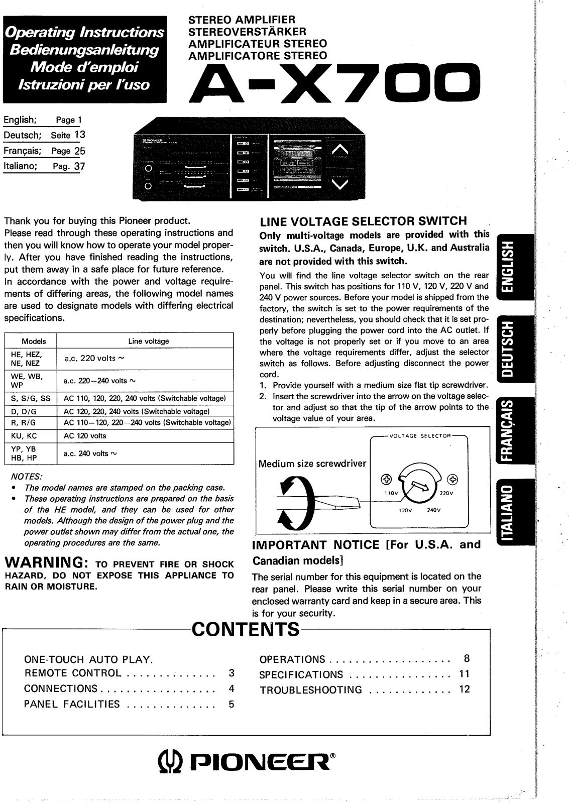 Pioneer A-X700 User Manual