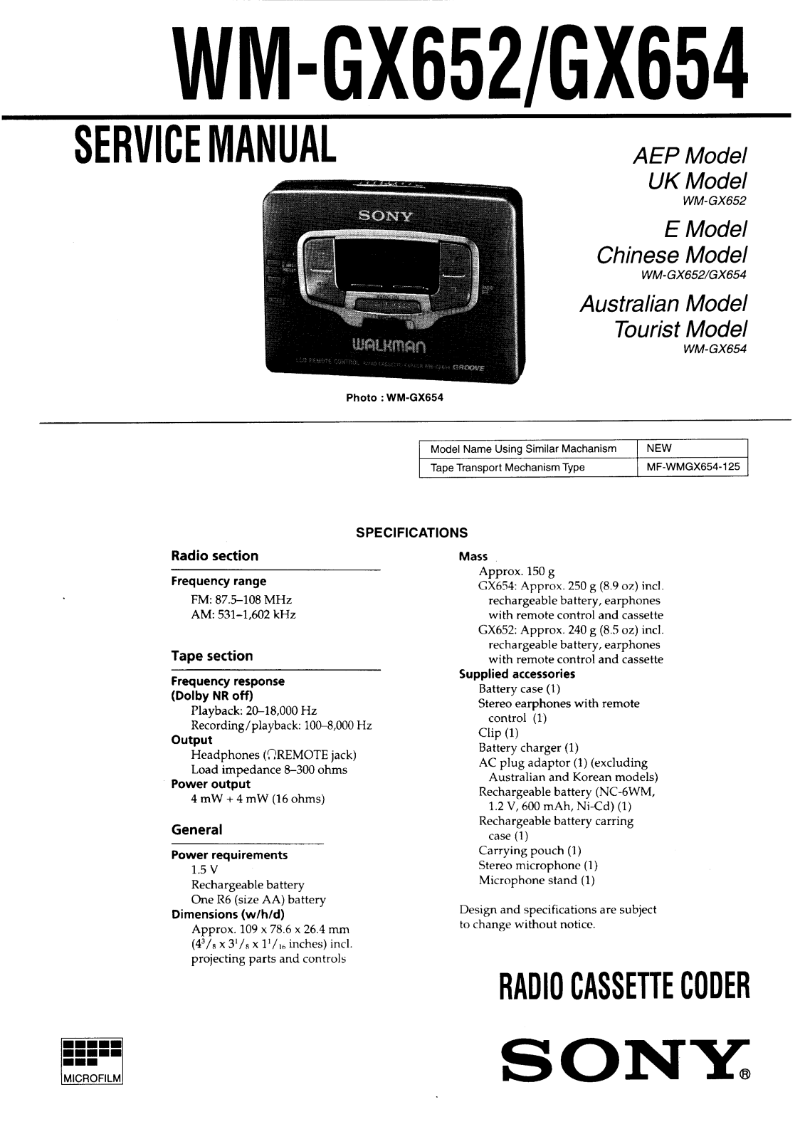 Sony WM-GX652, WM-GX654 Service manual