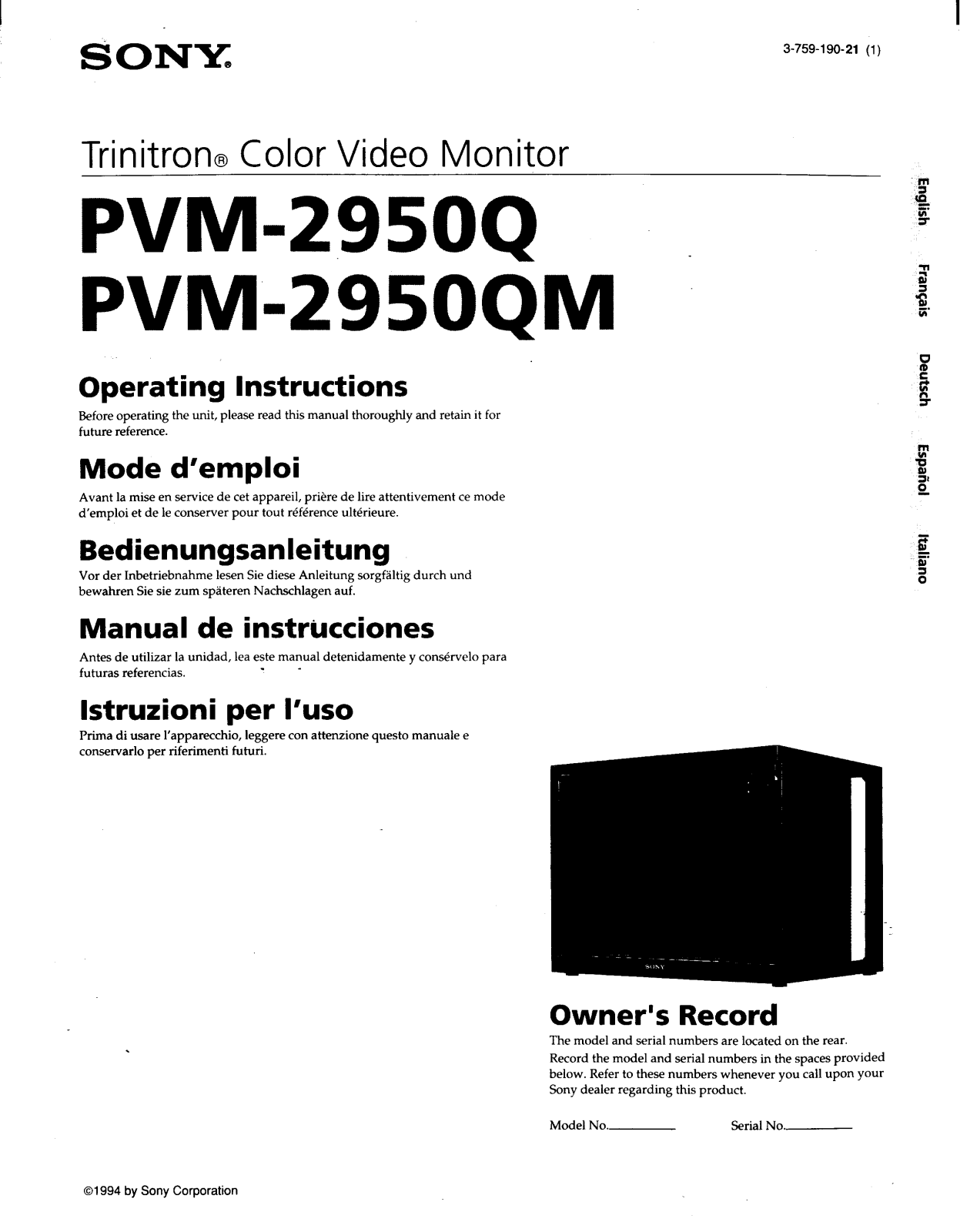 Sony PVM-2950QM Operating Manual