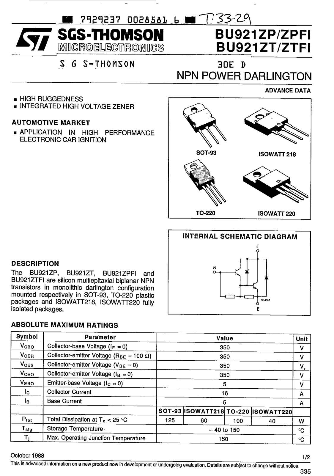 SGS Thomson Microelectronics BU921ZTFI, BU921ZT, BU921ZPFI, BU921ZP Datasheet