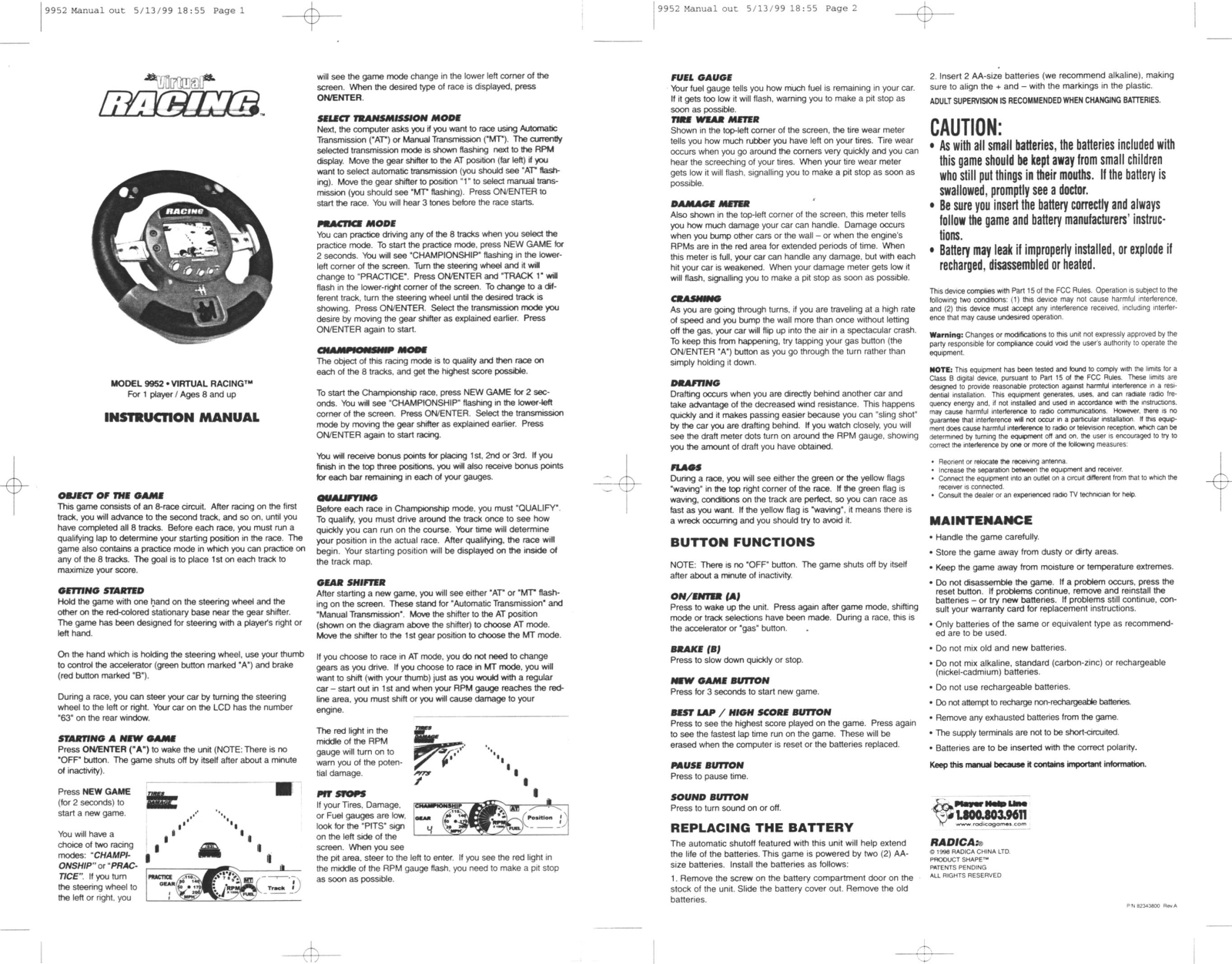 Radica Games Virtual Racing 9952 User Manual