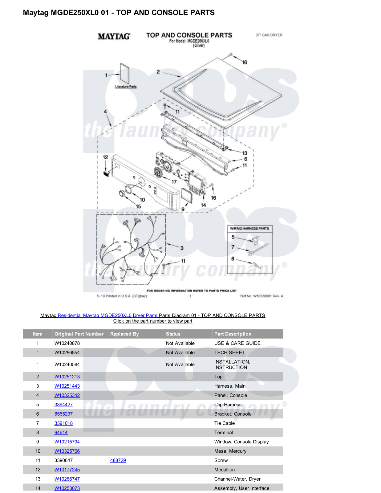 Maytag MGDE250XL0 Parts Diagram