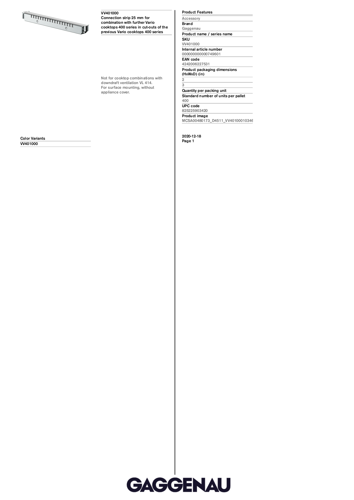 Gaggenau VV401000 Specification Sheet